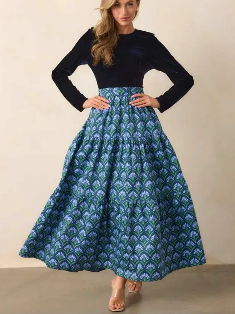 Prosperina Fontaine Blue Multi Geometric Print Maxi Dress